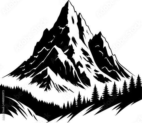 Grand Mountain Landscape: Snow-Dusted Peak and Forest Illustration