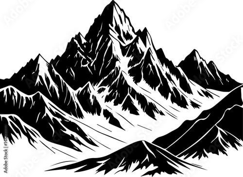 Majestic Mountain Range Illustration: Black and White Peaks