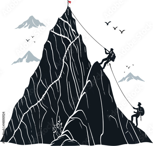 Mountain Climbing Success: Reaching the Summit Silhouette