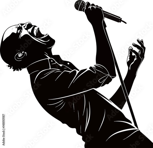 Passionate Singer Silhouette Performing with Microphone - Vector Illustration