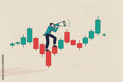 Investment forecast or prediction, vision to see investing opportunity, future profit from stock and crypto trading concept, businessman investor look on spyglass on trading candlestick chart.