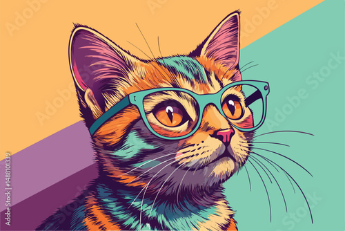 Create a stylized, artistic portrait of a cat wearing trendy hipster glasses, showcasing personality and texture.