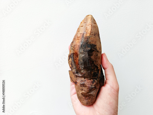 Hand holding a roasted honey sweet potato on white background