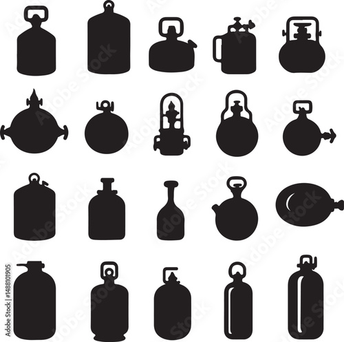 Black and White Silhouette Vector Graphics of Vintage Kerosene Lamps and Gas Lanterns for Lighting and Camping Equipment Designs