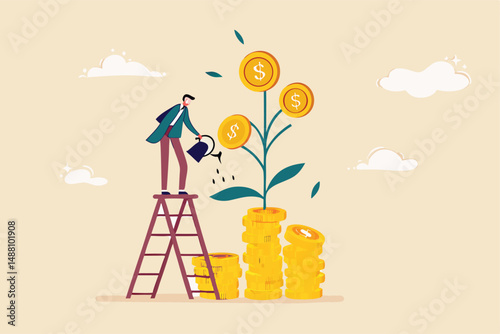 Mutual fund or growing investment, wealth profit growth or earning increase, savings or wealth management, pension fund concept, businessman investor watering stack dollar coin to grow money plant.