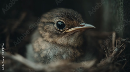 Close up captures a fledgling bird in cozy nest