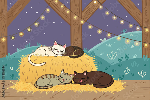 Cozy barn cats nestled in hay, illuminated by soft fairy lights in a rustic hayloft. Capture peaceful sleep.