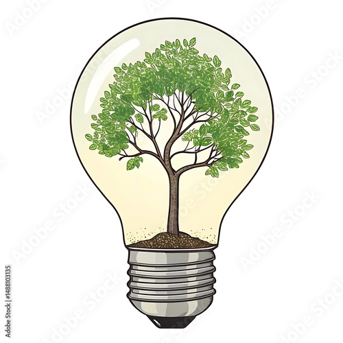 Sustainability awareness – A simple illustration of a tree growing from a lightbulb, symbolizing green energy.