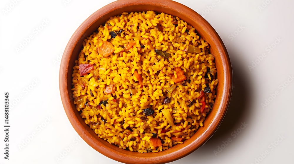 Top View of Spicy Yellow Fried Rice with Vegetables in a Clay Bowl on White Background
Top View of Spicy Yellow Fried Rice with Vegetables in a Clay Bowl on White Background