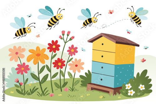 Vibrant image of honeybees in flight above colorful flowerbeds adjacent to a painted, whimsical beehive.