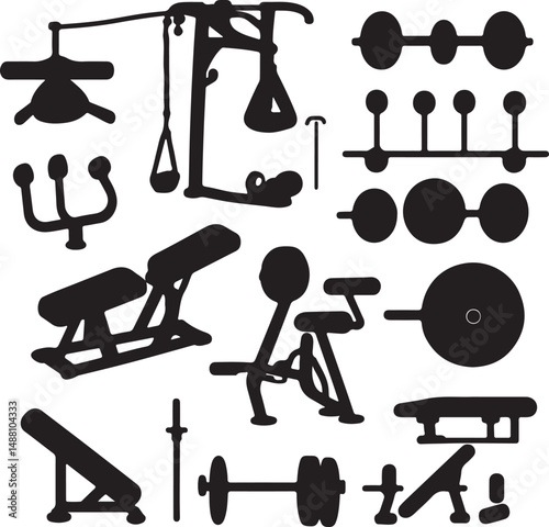 Silhouette Vector Art of Gym Equipment: Dumbbells, Weight Machines, Benches, and Bars for Fitness, Exercise, and Strength Training