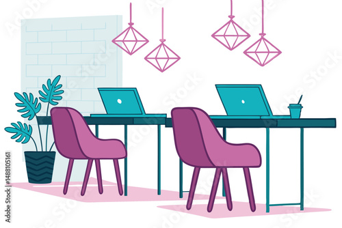 A vibrant, bustling co-working space showcasing modern design elements, diverse individuals collaborating, and technological integration.  Focus on activity and energy.
