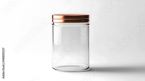 Empty clear glass jar with metallic copper lid on white background for packaging or branding mockup
