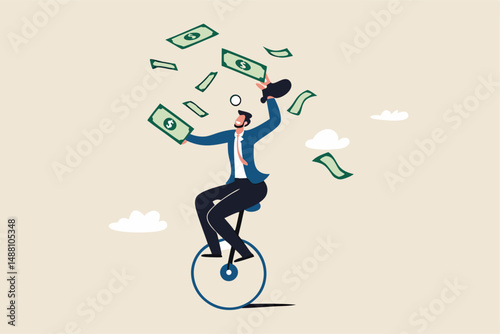 Make money online, earning form online investment or computer crypto trading, affiliate marketing or e-commerce sales concept, businessman expertise riding unicycle making money from computer laptop.