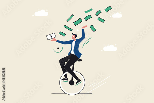 Make money online, earning form online investment or computer crypto trading, affiliate marketing or e-commerce sales concept, businessman expertise riding unicycle making money from computer laptop.