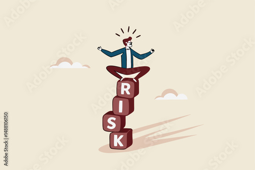 Risk management, control or assess to lose money in investing, process or preparation for safety or secure earning and loss concept, businessman investor calmly meditate on stack with the word RISK.