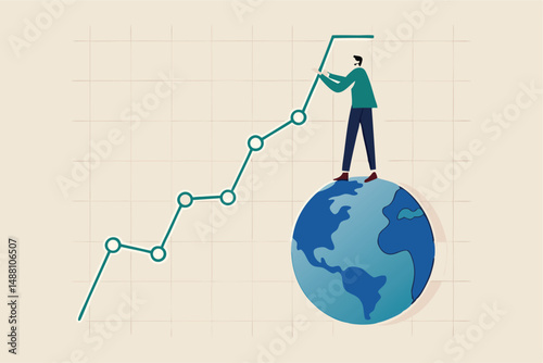 World economic, financial statistics or investment data, global stock market diagram or international economy concept, businessman expert standing on earth drawing financial graph and chart.