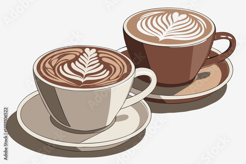142 ceramic coffee cups with intricate latte art, realistic detailed illustration, warm tones, light reflections, high contrast, photorealistic, 8k resolution
