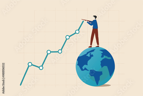 World economic, financial statistics or investment data, global stock market diagram or international economy concept, businessman expert standing on earth drawing financial graph and chart.