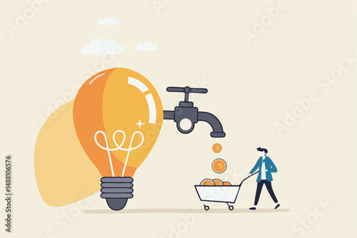 Startup company start generate revenue or income, business idea to make money, gain profit or create sales concept, businessman get money from revenue faucet flowing from lightbulb idea.