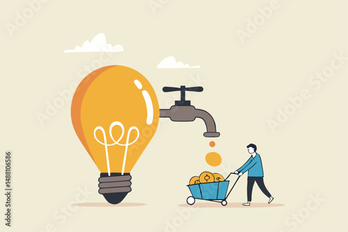 Startup company start generate revenue or income, business idea to make money, gain profit or create sales concept, businessman get money from revenue faucet flowing from lightbulb idea.