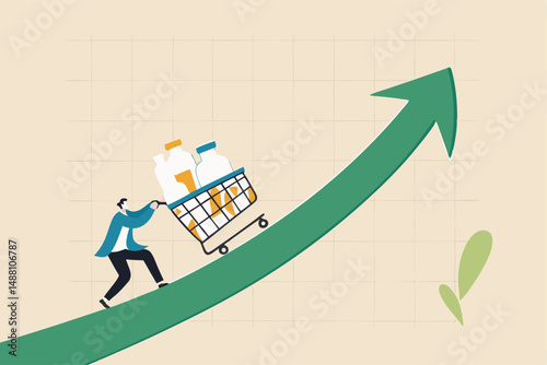 Inflation causing grocery price rising up, more expense, cost and spending, economic crisis or consumer price rising up concept, businessman push shopping cart trolley up rising price graph.