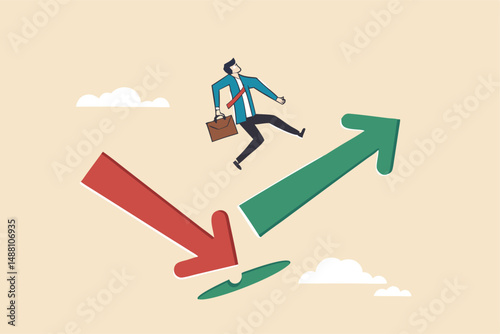 Economic and investment improvement or recover from crisis, stock market or crypto uncertainty, change from down turn to rising up concept, businessman investor jumping from red to rising up arrow.