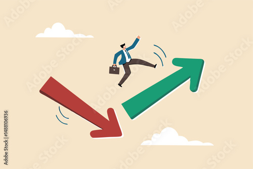 Economic and investment improvement or recover from crisis, stock market or crypto uncertainty, change from down turn to rising up concept, businessman investor jumping from red to rising up arrow.