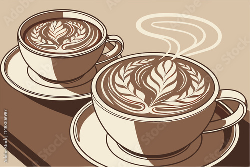 142 ceramic coffee cups with intricate latte art, realistic detailed illustration, warm tones, light reflections, high contrast, photorealistic, 8k resolution