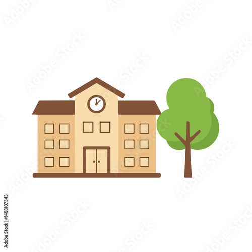 Illustration of a school building next to a tree on a transparent background