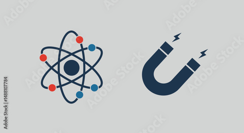 Illustration of an atom and a magnet representing science and physics on a light background