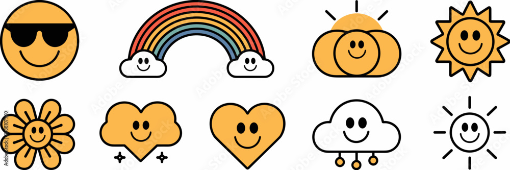 Fototapeta premium Vector icon set of cheerful symbols – Ideal for positivity campaigns, mental health content, or fun social media assets