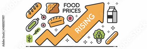 Upward arrow with food items and text "Food Prices Rising" – Great for retail inflation graphics, food economy content, or market trend visuals.