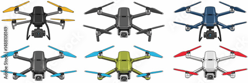 vector sheet with diverse drones including colorful propellers and cameras – great for drone enthusiasts, tech tutorials, or delivery service concepts