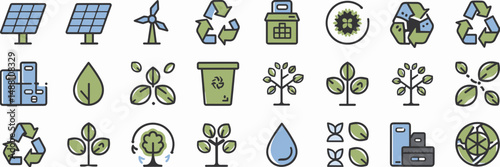 Modern flat design icons of eco-friendly items – Suitable for environmental infographics, green tech apps, or sustainability presentations