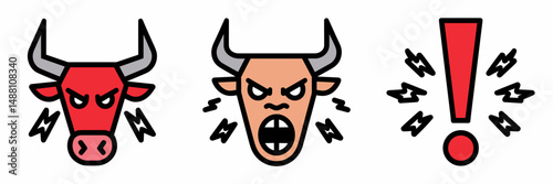 Vector sheet with red bull, shouting face, and exclamation point icons – Perfect for marketing graphics, emotional expression apps, or comic-style content.