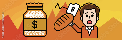 Icons of rising food prices with shocked person and bread – Great for editorial content, economic analysis visuals, or budgeting guides.