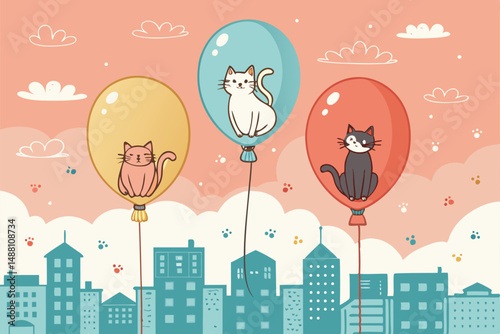 Surreal artwork Cats serenely float on oversized balloons above a stylized city skyline at sunset.