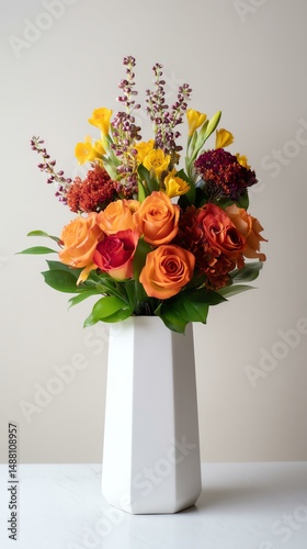 Vibrant floral arrangement in a vintage style vase A vibrant bouquet featuring orange roses and assorted colorful flowers, perfect for brightening any space.