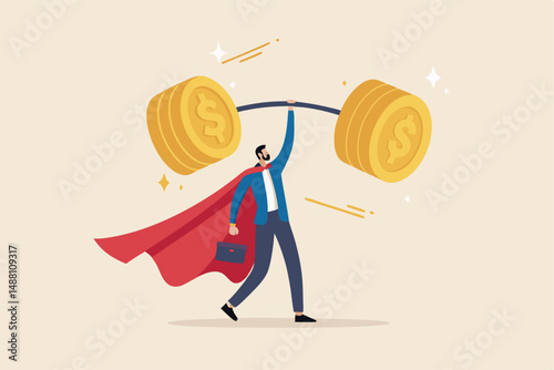Investment professional or financial literacy, investing expert or wealth manager, effort to earn more money or fund profit concept, confidence businessman superhero lift up heavy money coins weight.