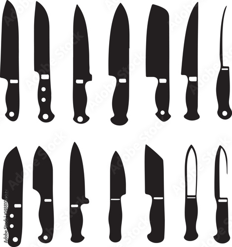Assorted Kitchen Knives Vector Illustration: Black Silhouette Collection of Chef's Knives, Utility Knives, and Paring Knives for Culinary Design