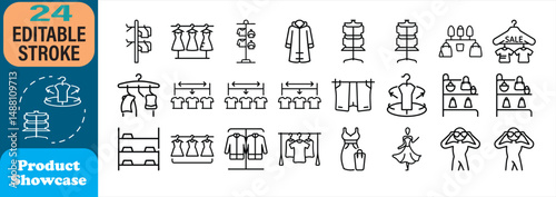 A collection of stylized line icons depicting clothing and product showcase in retail settings