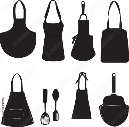 Black and White Apron Silhouettes: Vector Graphics of Kitchen Aprons, Cooking Aprons, and Chef Aprons for Culinary Arts and Design Projects