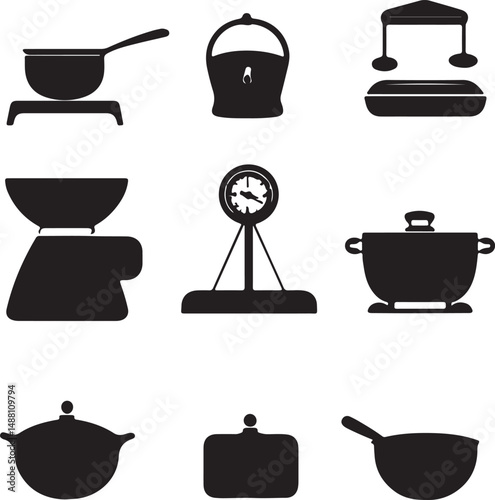 Black and White Vector Clipart of Kitchen Tools: Saucepans, Pots, Scales, and More for Cooking, Baking, and Food Preparation Design Elements