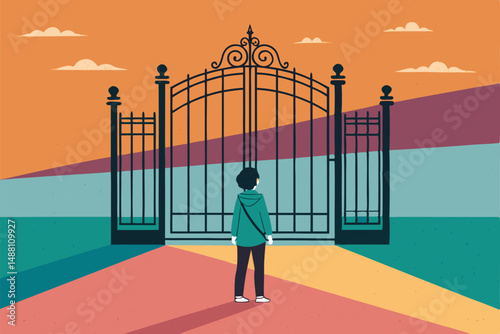 A melancholic character gazes at a large, imposing, closed gate symbolizing a missed opportunity, bathed in the somber light of twilight.