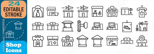Collection of 24 outlined shop icons demonstrating various business and retail establishments