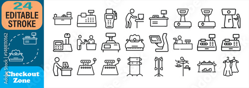 Collection of checkout zone icons representing shopping retail commerce and service industry