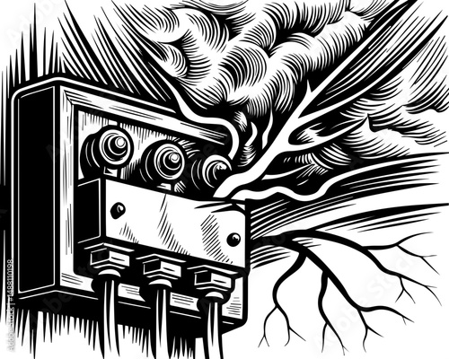 SVG showing natural disasters impacting power infrastructure and energy supply. Abstract Electric Power Illustration with Dramatic Lines and Contrast