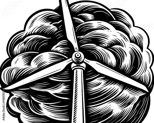 SVG showing natural disasters impacting power infrastructure and energy supply. Wind Turbine in Artistic Style with Swirling Clouds Background