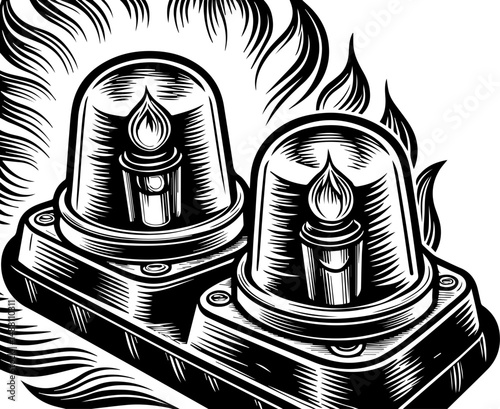 SVG showing natural disasters impacting power infrastructure and energy supply. Vintage Police Siren Illustration with Flames and Bold Details